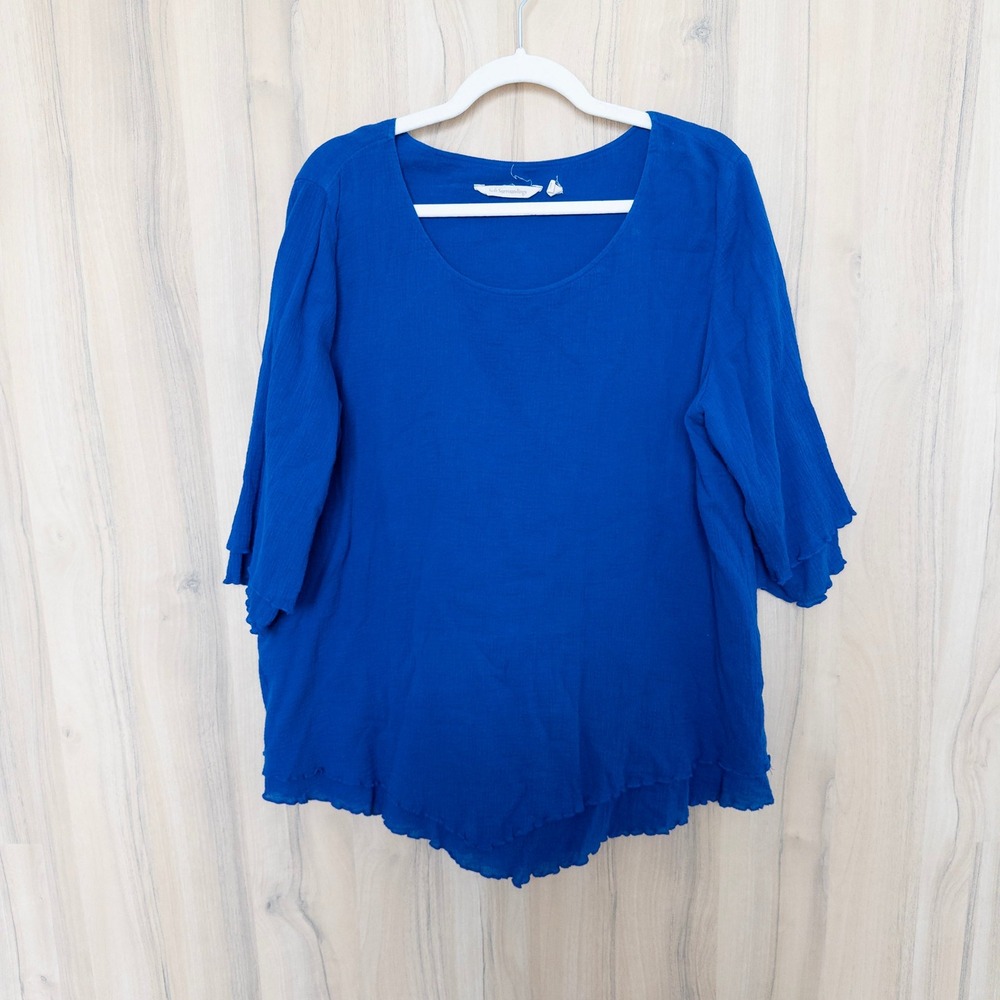 Soft Surroundings Women Gauze Top L Blue Cotton Ruffle Tiered Lagenlook Coastal